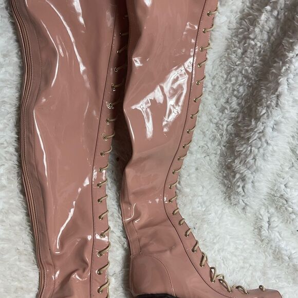 Cape Robbin light Pink Patent Synthetic Thigh High LaceUp Chunky Heel Bo… - Picture 9 of 12